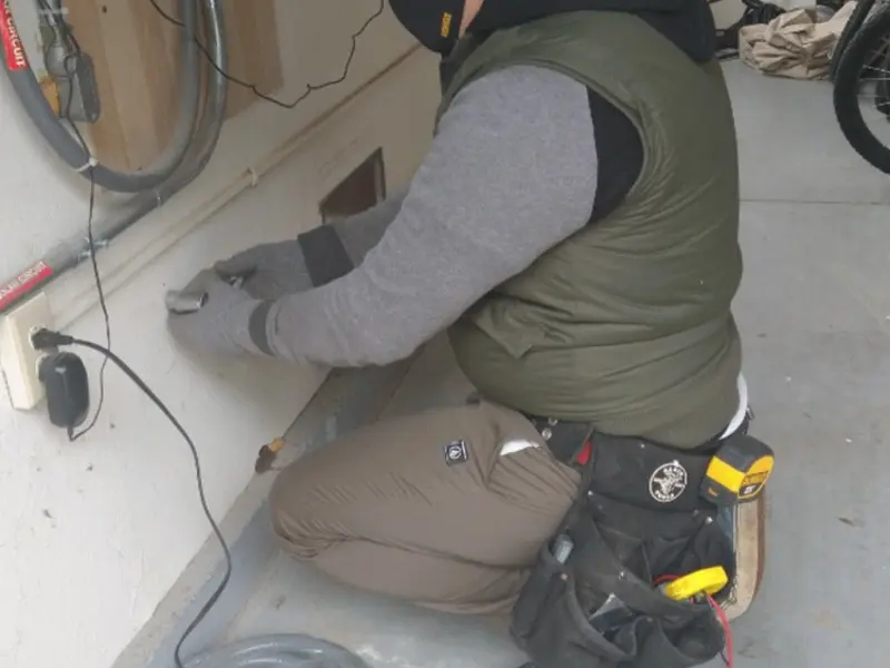 Electrician performing outlet wiring in a Pike Creek Valley garage